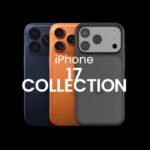 Three iPhone 17 Pro Max devices stacked in blue, orange, and silver, with the silver phone fitted with a Case Luxury ultra-thin case