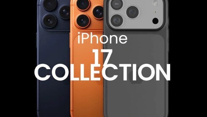 Three iPhone 17 Pro Max devices stacked in blue, orange, and silver, with the silver phone fitted with a Case Luxury ultra-thin case